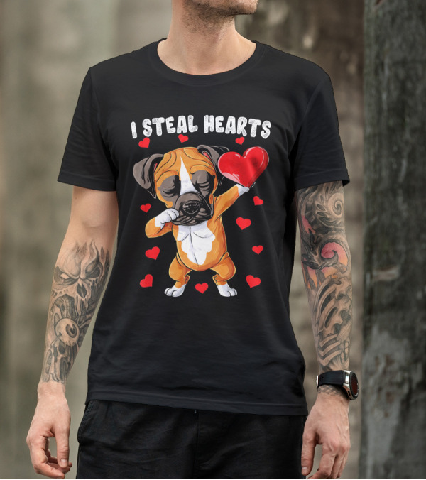 Dabbing Boxer Dog Holding Red Heart I Steal Hearts T-Shirt