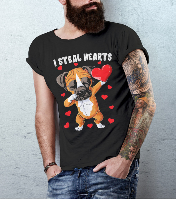 Dabbing Boxer Dog Holding Red Heart I Steal Hearts T-Shirt