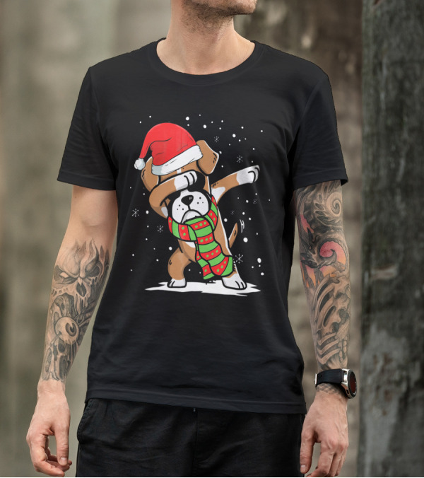 Festive Dabbing Boxer Dog In Santa Hat And Scarf For Christmas Dog Lovers T-Shirt