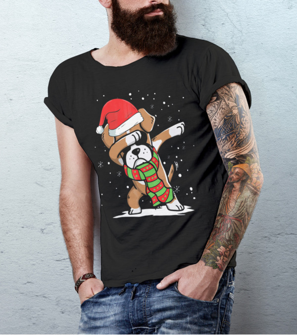 Festive Dabbing Boxer Dog In Santa Hat And Scarf For Christmas Dog Lovers T-Shirt