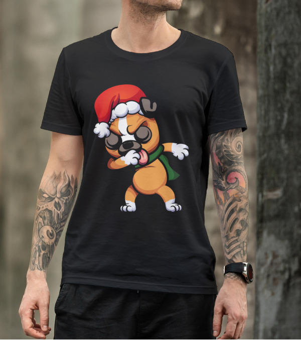 Dabbing Boxer Santa Dog Cartoon With Christmas Hat And Scarf T-Shirt