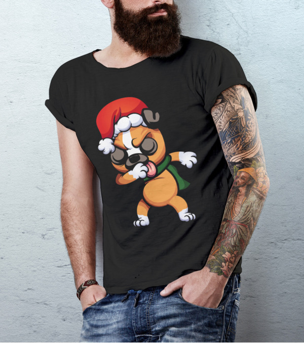Dabbing Boxer Santa Dog Cartoon With Christmas Hat And Scarf T-Shirt