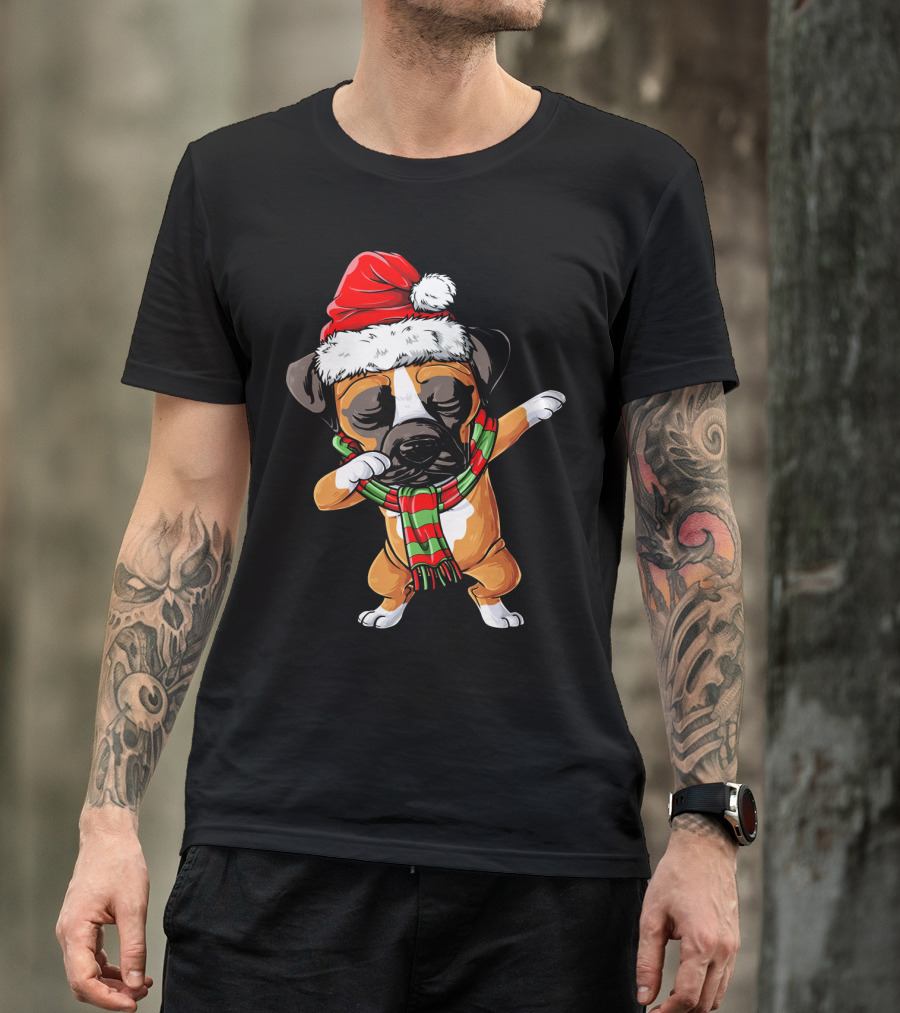 Boxer Dog Dabbing Santa Hat Christmas Scarf T-Shirt