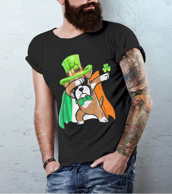 Lucky Boxer Dabbing With Irish Flag And Shamrock Hat T-Shirt