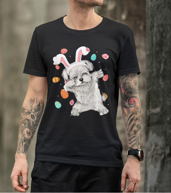 Dabbing Maltese Dog With Easter Bunny Ears And Colorful Eggs T-Shirt