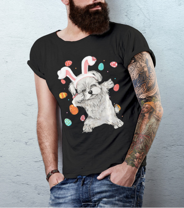 Dabbing Maltese Dog With Easter Bunny Ears And Colorful Eggs T-Shirt