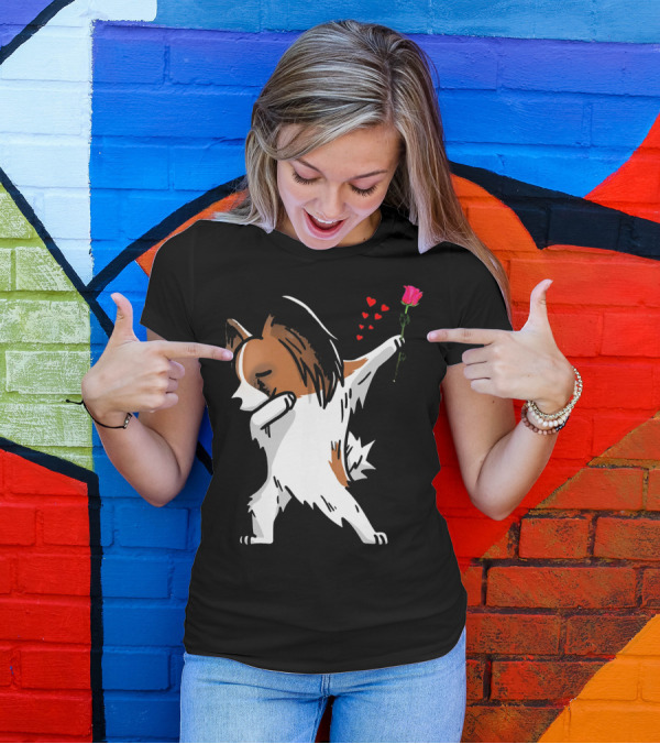 Dabbing Papillon Dog Holding Rose With Hearts For Valentines Day T-Shirt