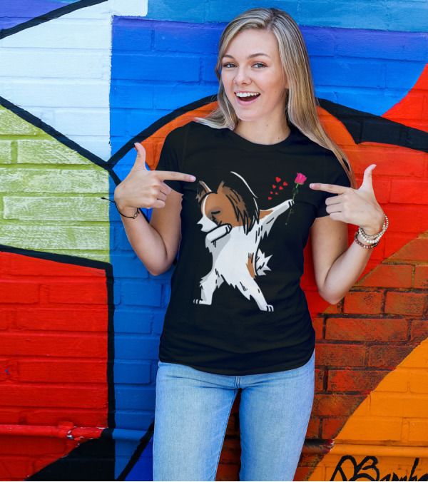 Dabbing Papillon Dog Holding Rose With Hearts For Valentines Day T-Shirt