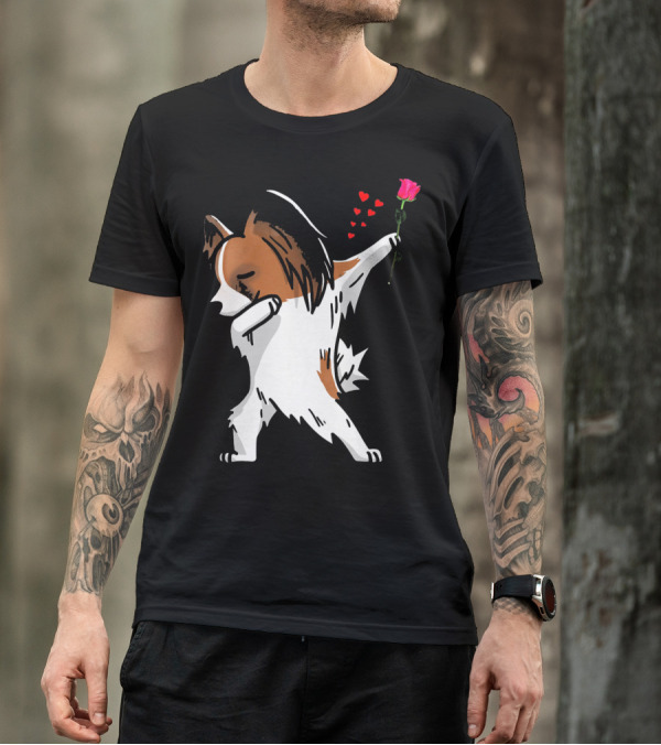 Dabbing Papillon Dog Holding Rose With Hearts For Valentines Day T-Shirt