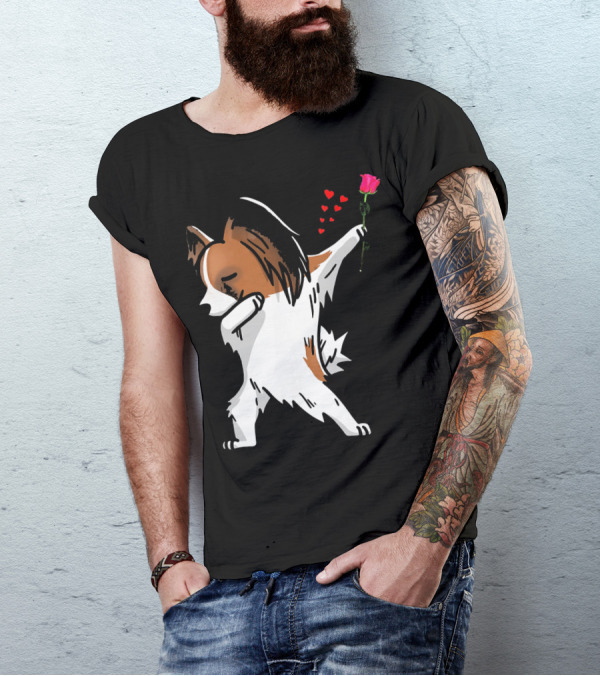 Dabbing Papillon Dog Holding Rose With Hearts For Valentines Day T-Shirt