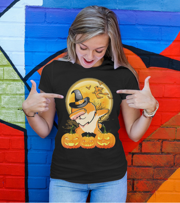 Dabbing Pomeranian Dog Halloween Pumpkin Witch Moon T-Shirt