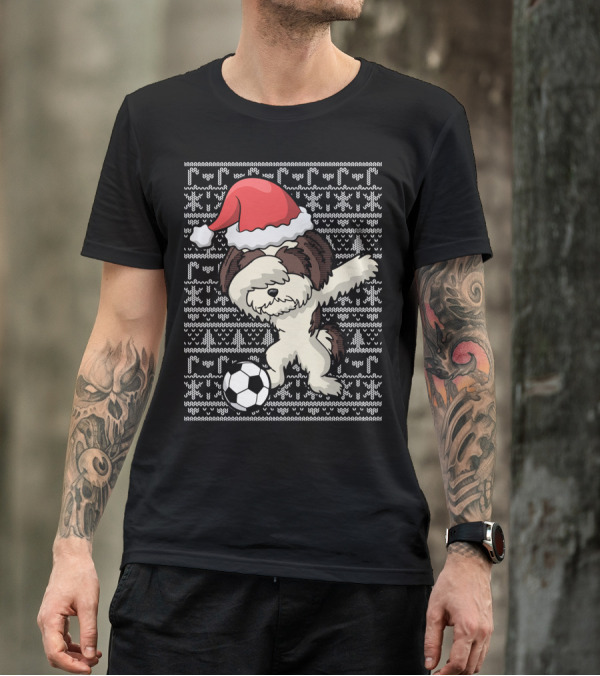 Santa Hat Dabbing Shih Tzu Soccer Ball Holiday Knit T-Shirt