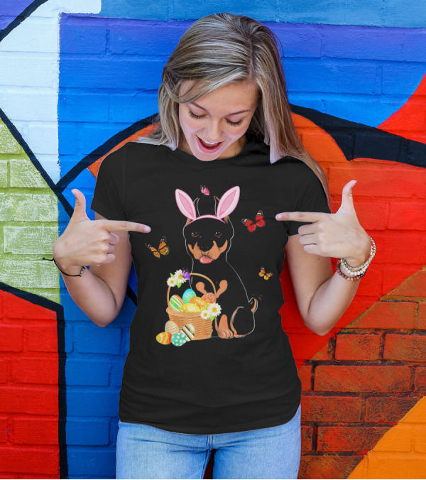 Doberman Bunny Hat Rabbit With Basket Of Easter Eggs And Butterflies T-Shirt