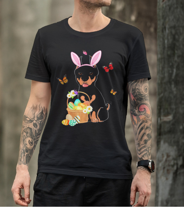 Doberman Bunny Hat Rabbit With Basket Of Easter Eggs And Butterflies T-Shirt