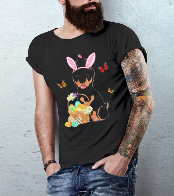 Doberman Bunny Hat Rabbit With Basket Of Easter Eggs And Butterflies T-Shirt