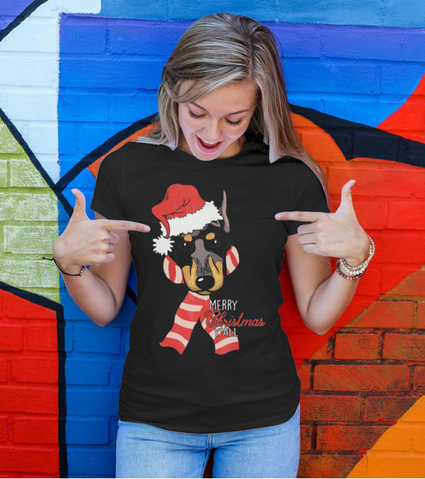 Merry Christmas Y'all Doberman Dog With Santa Hat And Candy Cane Stripes T-Shirt
