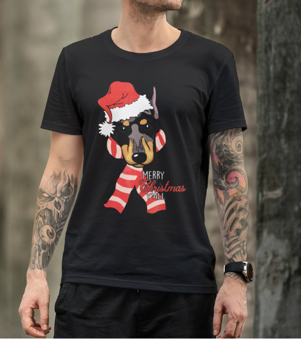 Merry Christmas Y'all Doberman Dog With Santa Hat And Candy Cane Stripes T-Shirt
