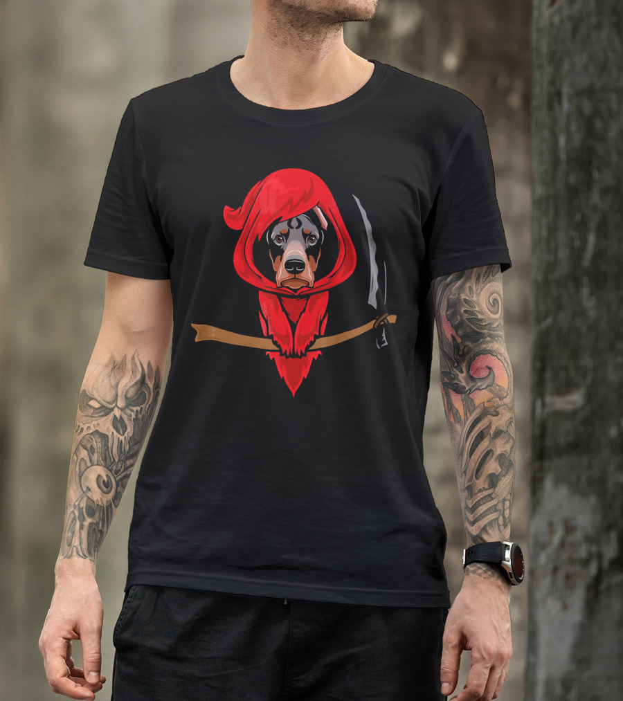 Doberman Grim Reaper Red Hood Scythe T-Shirt
