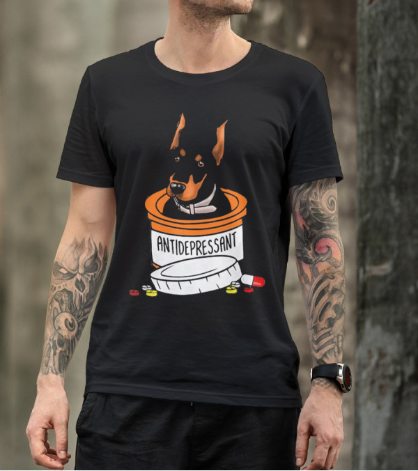 Doberman In Antidepressant Pill Bottle With Medicine T-Shirt