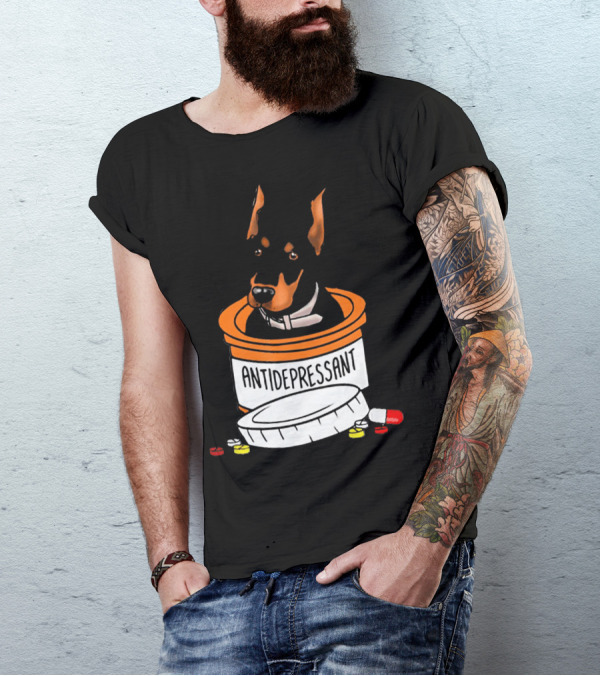 Doberman In Antidepressant Pill Bottle With Medicine T-Shirt