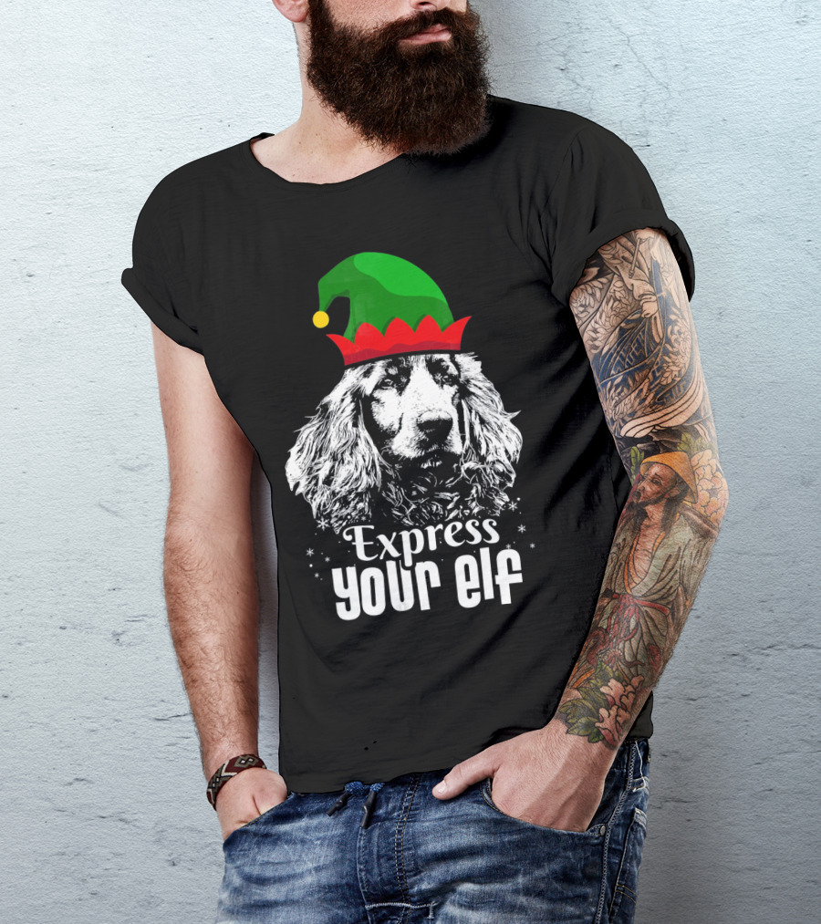 Express Your Elf English Cocker Spaniel Christmas Dog Wearing Green And Red Elf Hat T-Shirt