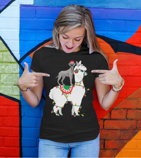 Fa La LLAMA Great Dane With Santa Hat On Llama Christmas Lights T-Shirt