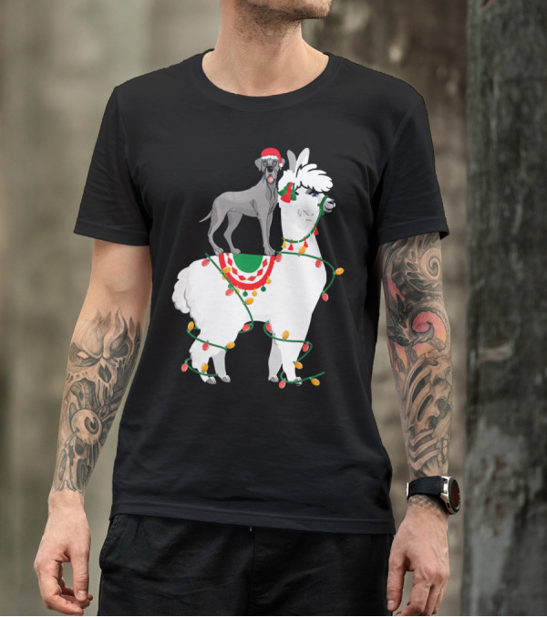 Fa La LLAMA Great Dane With Santa Hat On Llama Christmas Lights T-Shirt