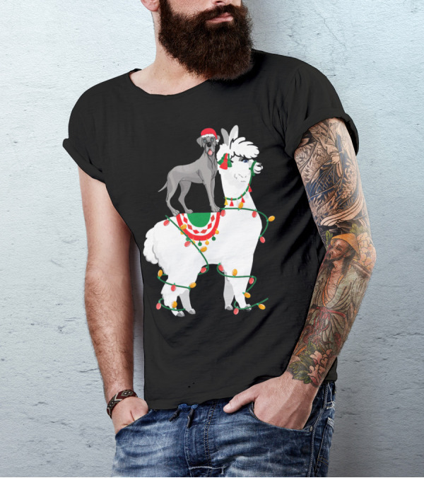 Fa La LLAMA Great Dane With Santa Hat On Llama Christmas Lights T-Shirt