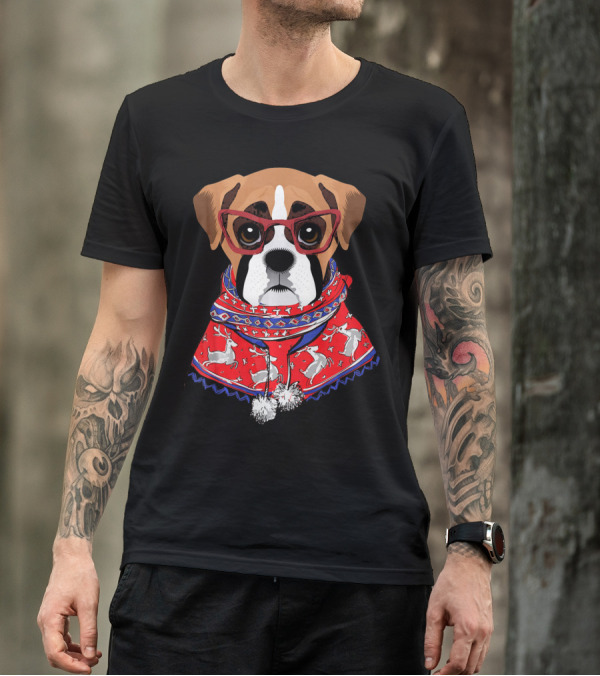 Funny Boxer Dog With Glasses In Christmas Scarf Holiday Look T-Shirt