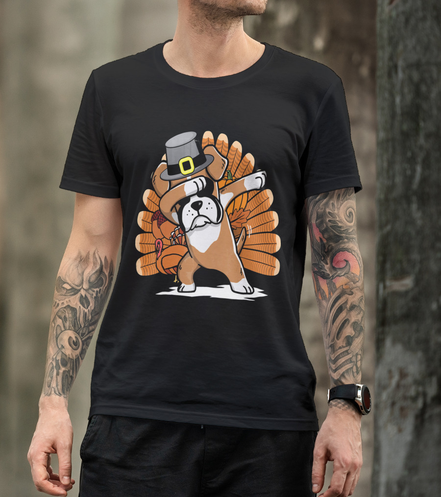 Thanksgiving Dabbing Boxer Dog Pilgrim Hat Turkey T-Shirt