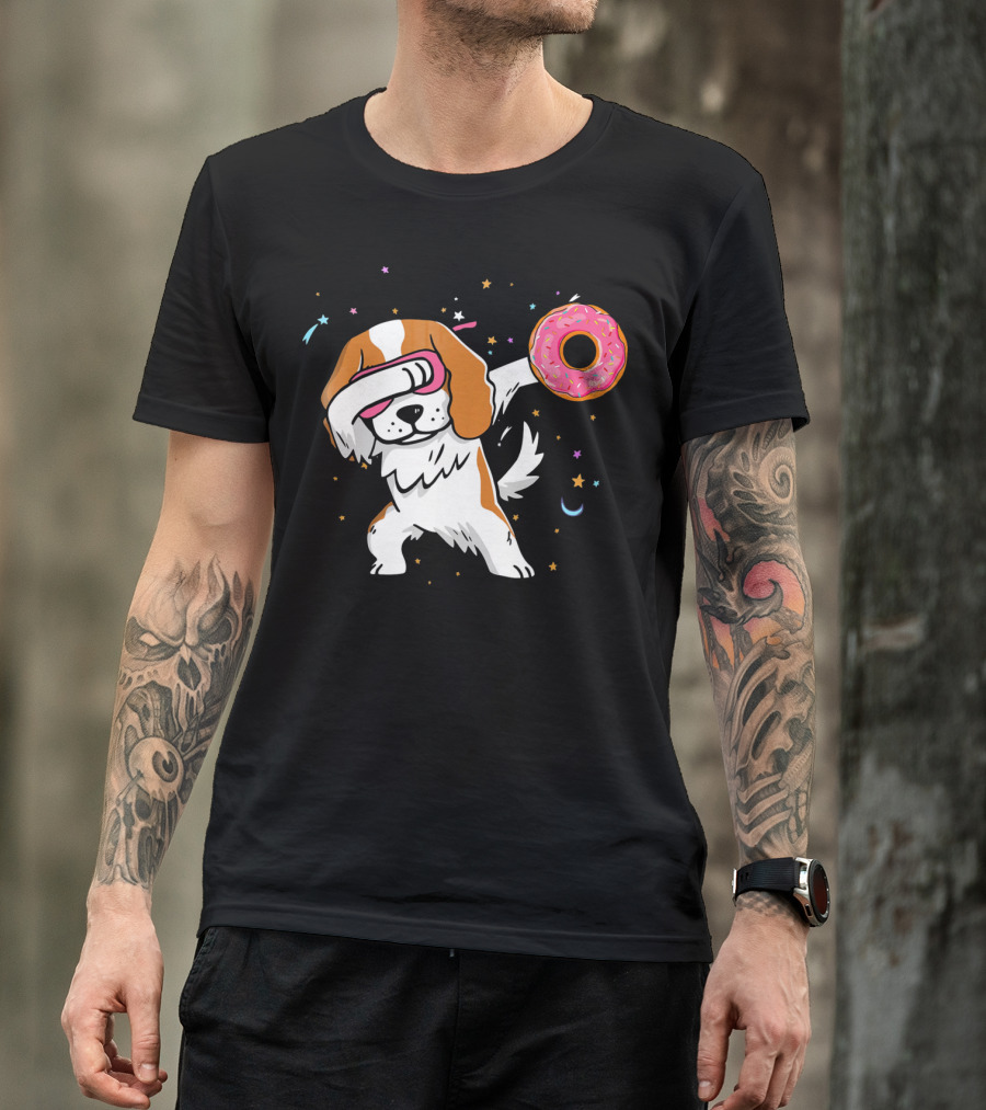 Funny Dabbing Cavalier King Charles Spaniel With Pink Frosted Donut T-Shirt