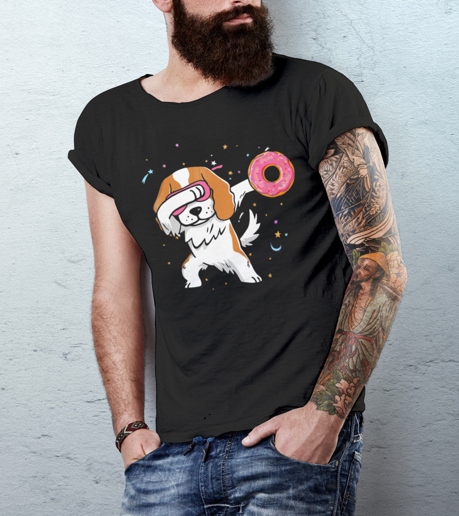 Funny Dabbing Cavalier King Charles Spaniel With Pink Frosted Donut T-Shirt