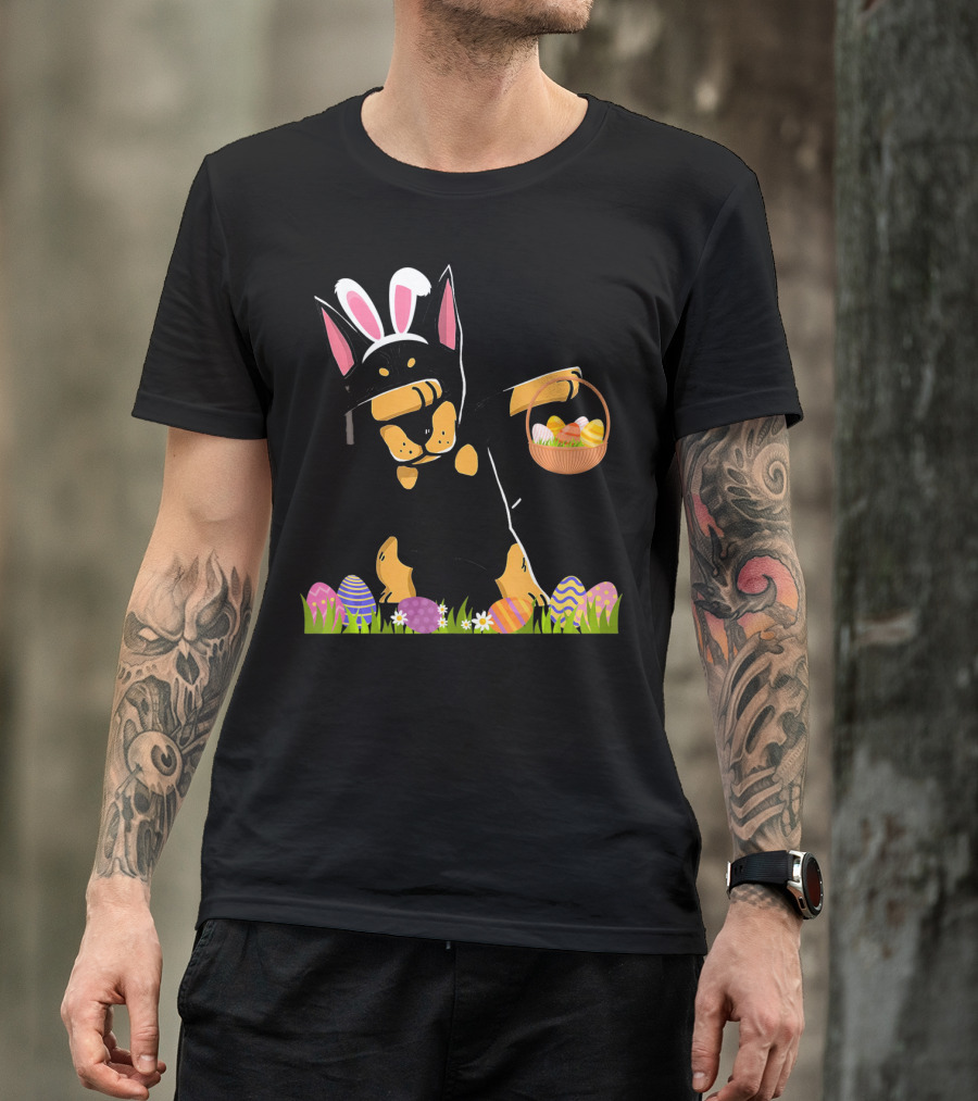 Doberman Dabbing With Bunny Ears And Easter Basket Of Eggs T-Shirt