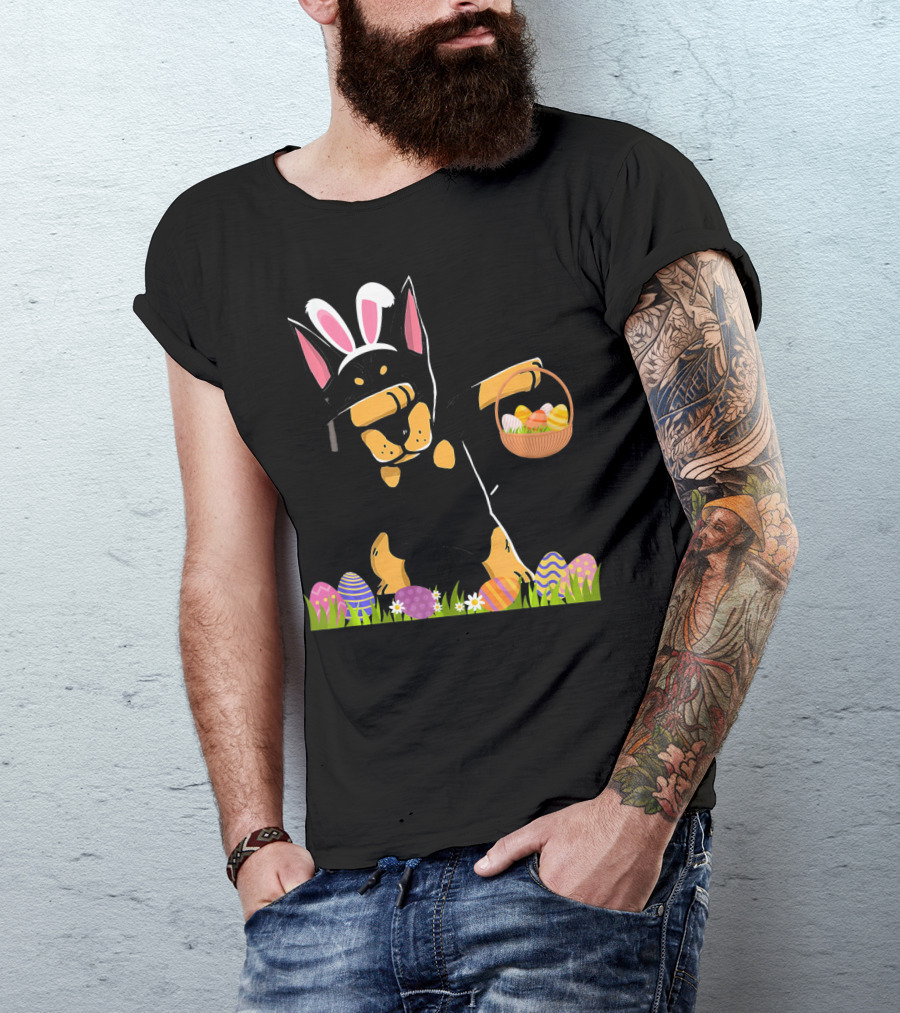 Doberman Dabbing With Bunny Ears And Easter Basket Of Eggs T-Shirt