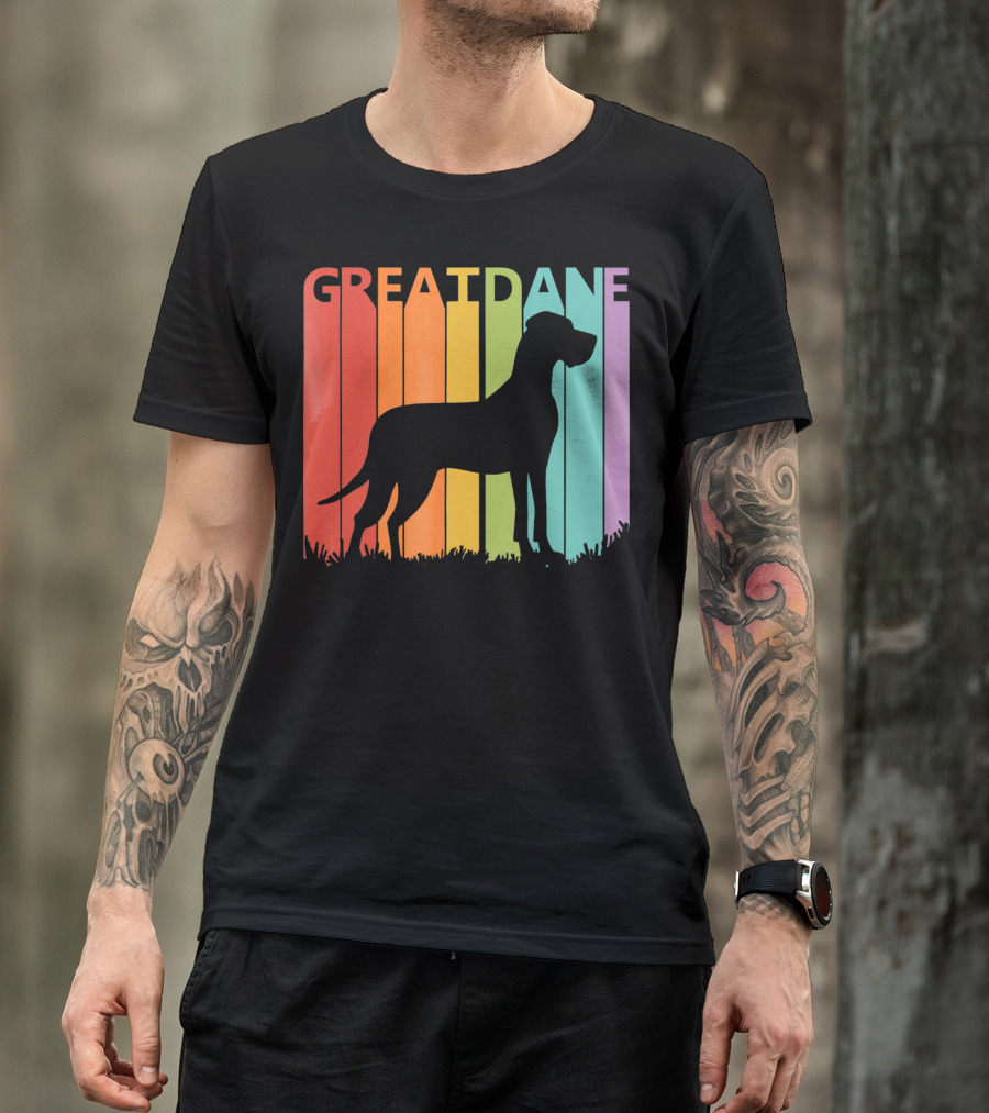 Great Dane Dog Silhouette Retro Rainbow Stripes T-Shirt