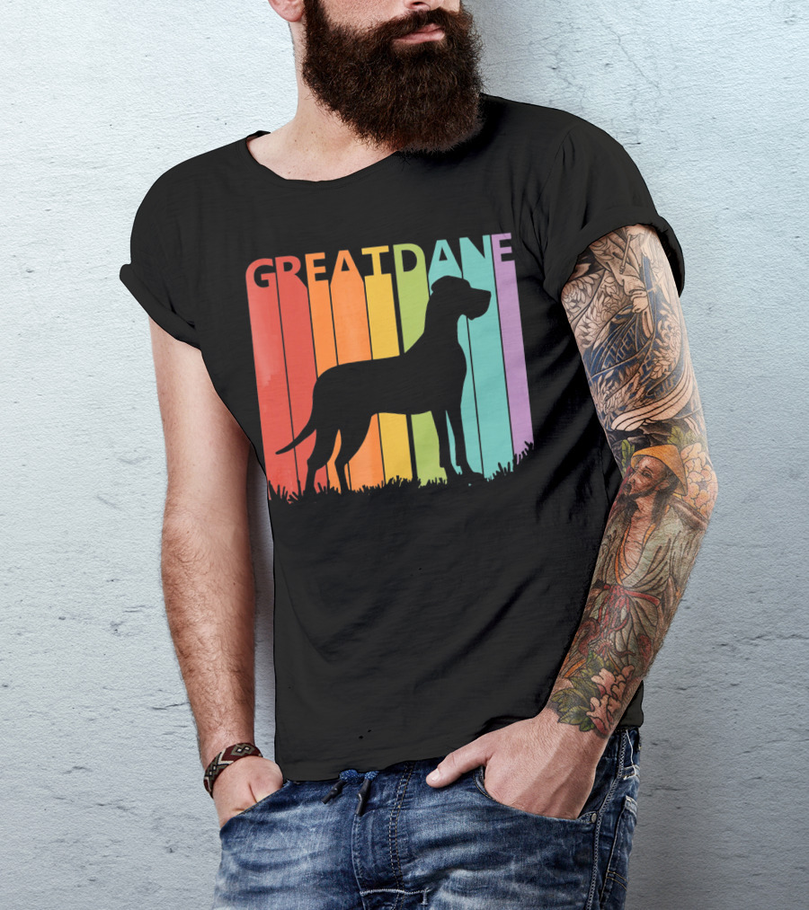 Great Dane Dog Silhouette Retro Rainbow Stripes T-Shirt