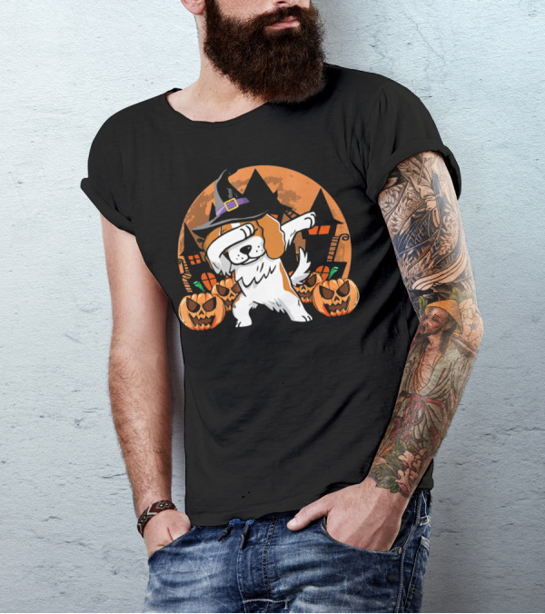 Funny Halloween Dabbing Cavalier Witch Hat Pumpkins Haunted House T-Shirt