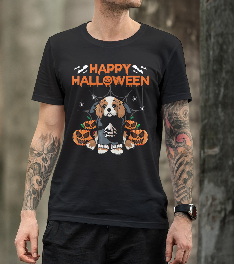 Happy Halloween Vampire Cavalier Dog Surrounded By Pumpkins And Bats T-Shirt