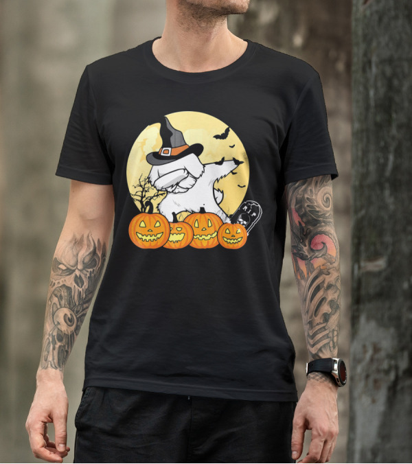 Funny Halloween Maltese Dog With Pumpkins And Witch Hat T-Shirt