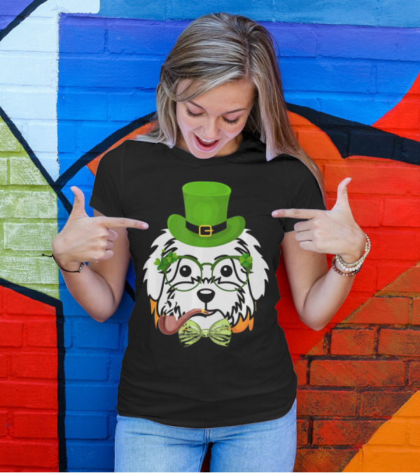 Maltese Dog In Leprechaun Hat With Pipe And Shamrocks For St Patrick's Day T-Shirt