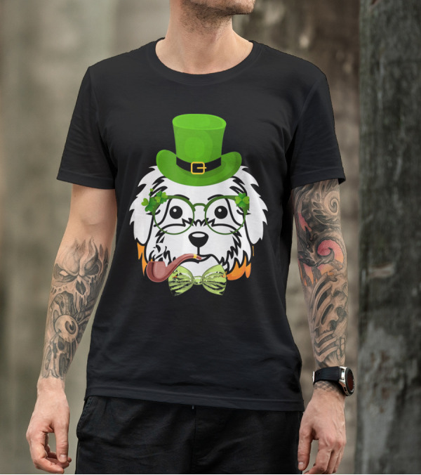 Maltese Dog In Leprechaun Hat With Pipe And Shamrocks For St Patrick's Day T-Shirt