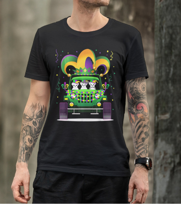 Mardi Gras Maltese Dogs Riding Jeep With Colorful Hat And Beads T-Shirt