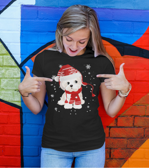 Funny Maltese Santa Hat Scarf Ugly Snowflakes T-Shirt