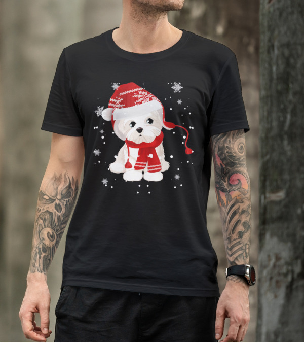 Funny Maltese Santa Hat Scarf Ugly Snowflakes T-Shirt