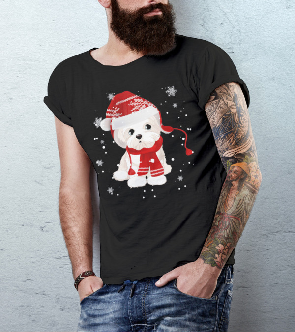 Funny Maltese Santa Hat Scarf Ugly Snowflakes T-Shirt
