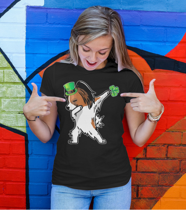 Papillon Dab Dabbing Dance With Shamrock And Leprechaun Hat T-Shirt