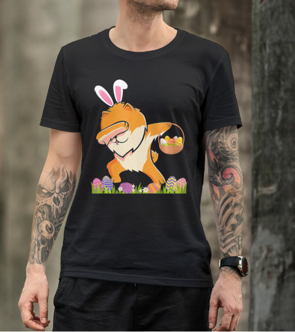 Funny Pomeranian Dabbing Easter Bunny With Eggs And Basket T-Shirt