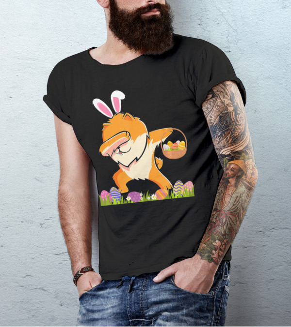 Funny Pomeranian Dabbing Easter Bunny With Eggs And Basket T-Shirt