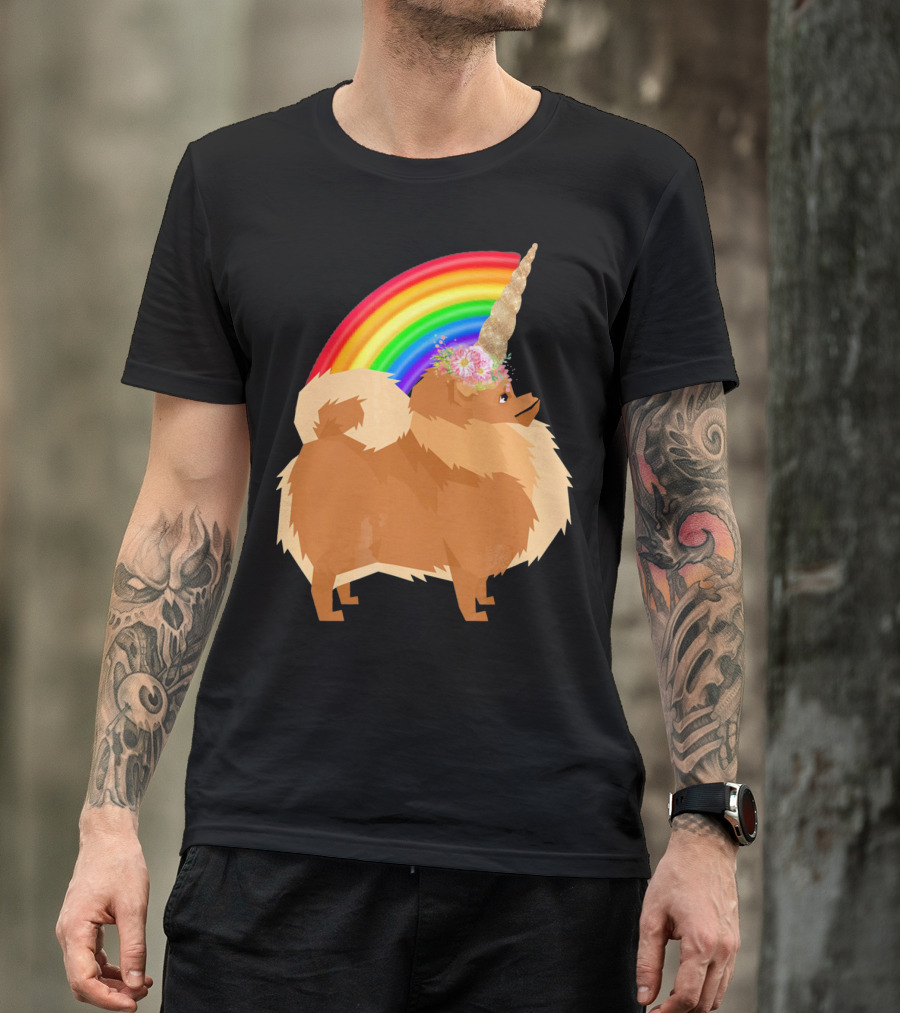 Pomeranian Rainbow Unicorn Dog With Floral Horn And Doodle Elements T-Shirt
