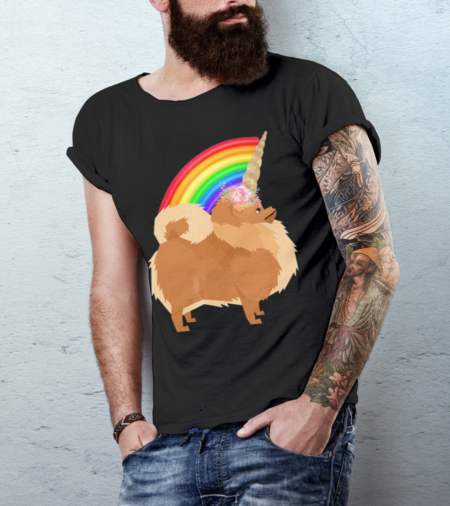 Pomeranian Rainbow Unicorn Dog With Floral Horn And Doodle Elements T-Shirt